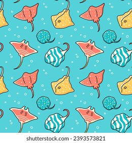 Seamless pattern with colorful cartoon stingrays on a blue background