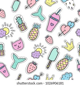 Seamless pattern of colorful cartoon style badges.Girly themed. Vector for design, embroidery and fashion. 