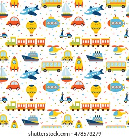 Seamless pattern with colorful cartoon transport. Cute background with hearts. Vector illustration