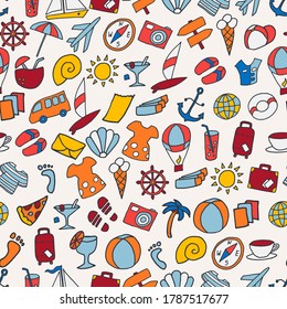 Seamless pattern with colorful cartoon travel items. Cute background with different elements isolated on white. Vector illustration
