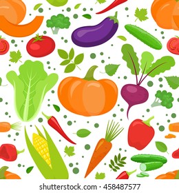 Seamless pattern of colorful cartoon vegetables on a white background. Vector stock illustration.