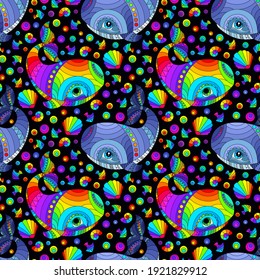 Seamless pattern with colorful cartoon whales and fishes, rainbow animals on a dark background