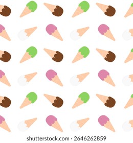 A seamless pattern of colorful cartoon-style ice cream cones featuring various flavors like chocolate, strawberry, matcha, and vanilla. Perfect for summer theme