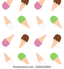 A seamless pattern of colorful cartoon-style ice cream cones featuring various flavors like chocolate, strawberry, matcha, and vanilla. Perfect for summer theme