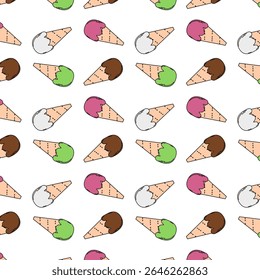 A seamless pattern of colorful cartoon-style ice cream cones featuring various flavors like chocolate, strawberry, matcha, and vanilla. Perfect for summer theme
