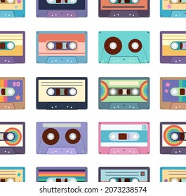 Patrón sin inconvenientes con cintas de cassette coloridas. El diseño y los accesorios son de diseño retro.