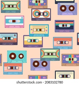Seamless pattern with colorful cassette tapes. Retro trendy background for design and accessories.