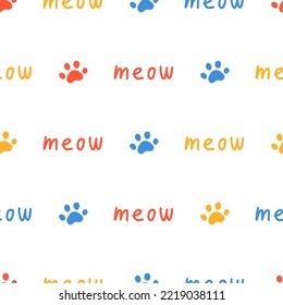 Seamless pattern with colorful cat paws and meow text.