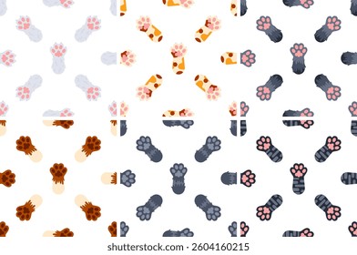 Seamless pattern with colorful cat paws showing paw pads on white background