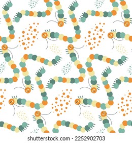 Seamless pattern with colorful caterpillars and dots. Children's background.