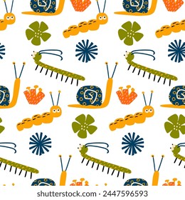 Seamless pattern with colorful caterpillars, snails, centipedes and flowers. Children's background, wrapping paper