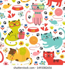 seamless pattern with colorful cats in flowers - vector illustration, eps    
