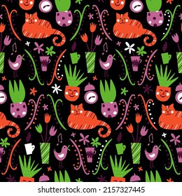 Patrón sin foco con gatos coloridos y flores sobre fondo negro. Diseño de resorte para tela y papel, texturas superficiales.