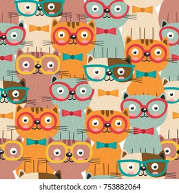 seamless pattern with colorful cats in glasses  - vector illustration, eps
