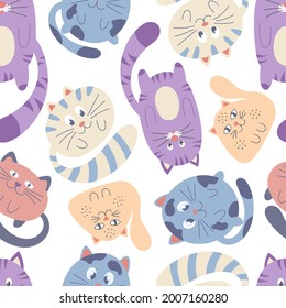 Nahtloses Muster mit bunten Katzen auf weißem Hintergrund. Ideal für Kinder Design, Stoff, Verpackung, Tapete, Textilien, Heimgestaltung.