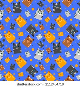 Seamless pattern of colorful cats on a blue background
