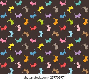Seamless pattern with colorful cats on dark background