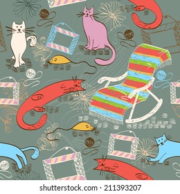 Seamless pattern with colorful cats and rocking chair
