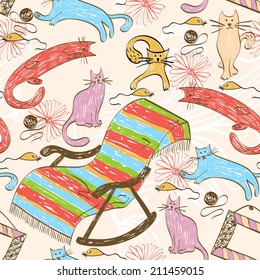 Seamless pattern with colorful cats and rocking chair
