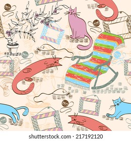Seamless pattern with colorful cats and rocking chair