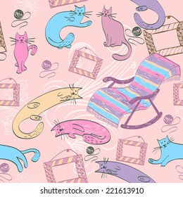 Seamless pattern with colorful cats and rocking chair