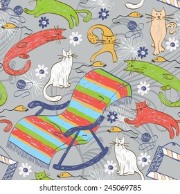 Seamless pattern with colorful cats and rocking chair
