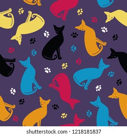 Seamless pattern with colorful cats and traces.