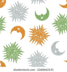 Seamless pattern with colorful celestial design with  sun and moon