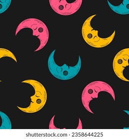 Seamless pattern with colorful celestial moon and black background