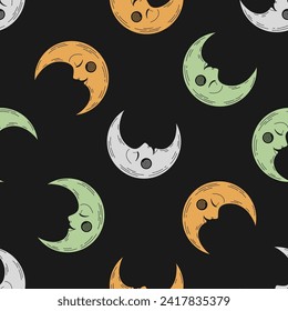 Seamless pattern with colorful celestial moon and black background