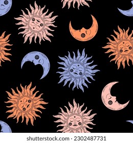 Seamless pattern with colorful celestial sun and moon with black background