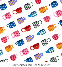 Seamless pattern of colorful ceramic cups with various ornamental designs on a white background.