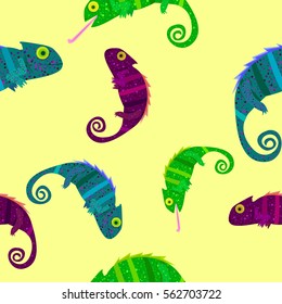 Seamless pattern with colorful chameleons on yellow background
