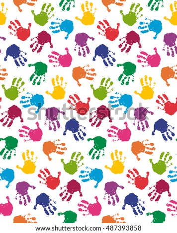 Seamless pattern with colorful chaotic baby hands on white background. No gradient fill, sample in swatch panel. Vector illustration