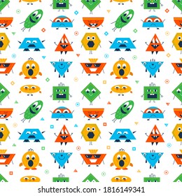 Seamless pattern with colorful characters different forms - round, square, rhombus, polygon, triangular. Cute emotional forms set on white background. Kids design geometric print for textile, paper.