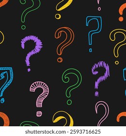 Seamless pattern with colorful charcoal graffiti question marks. Great for textile, fabric, wallpaper, wrapping, scrapbook and packaging