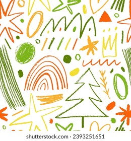 Seamless pattern with colorful charcoal holidays elements. Hand drawn pencil lines, squiggles, stars and fir trees. Vector charcoal smears, swirls and doodle shapes. Childish style drawing.