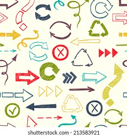 Seamless pattern with colorful check marks and check boxes drawn in a doodled style.
