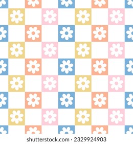 Seamless pattern with colorful checkerboard and daisies