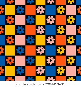 Seamless pattern with colorful checkerboard and flowers