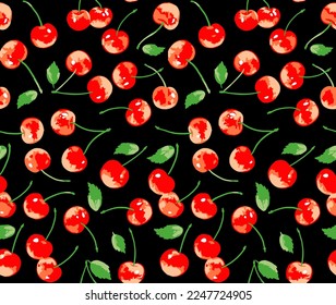 Seamless pattern with the colorful cherries on black background. Vector illustration.