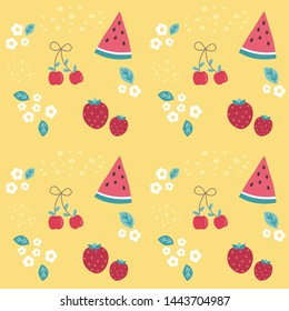Seamless pattern colorful cherry,strawberry and watermelon on yellow background.