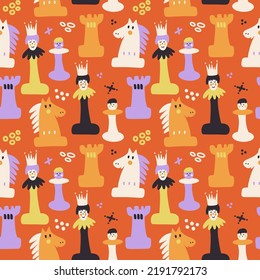 Seamless pattern of colorful chess pieces. Modern design for fabric and paper, surface textures.