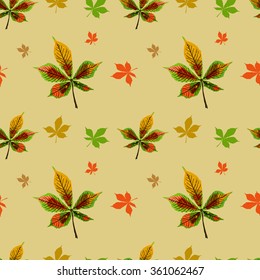 Seamless pattern with colorful chestnut leaves on a beige background. Vector.