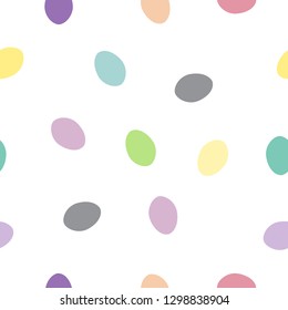 Seamless pattern colorful chicken bird eggs isolated on white background. Easter holiday drawn simple cute print, candy motif for wallpaper or fabric textile pastel colors, vector repeat design eps 10