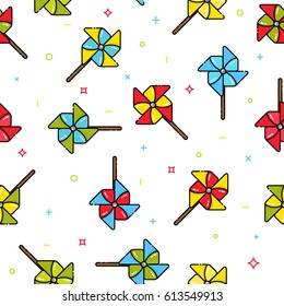 Seamless pattern of colorful child toy windmills on white background 