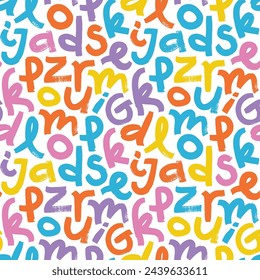 Seamless pattern with colorful childish brush drawn letters. Handdrawn kid colored sans serif letters. Vector modern typography background. Funny festival font. Birthday and greeting card typography.