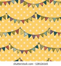 Seamless pattern with colorful childish bunting flags on polka dot background. Vector illustration.