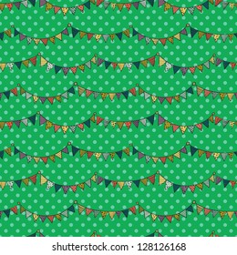 Seamless pattern with colorful childish bunting flags on polka dot background. Vector illustration.