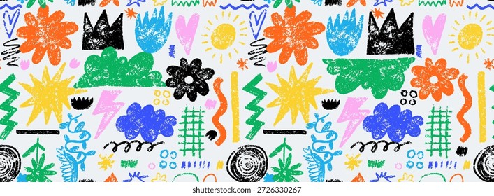 Seamless pattern colorful childish crayon drawn doodle. Freehand cute kid scribbles. Kids pencil drawings, squiggles in childish girly style, flower, crown, stars. Vector Seamless pattern chalk icons.